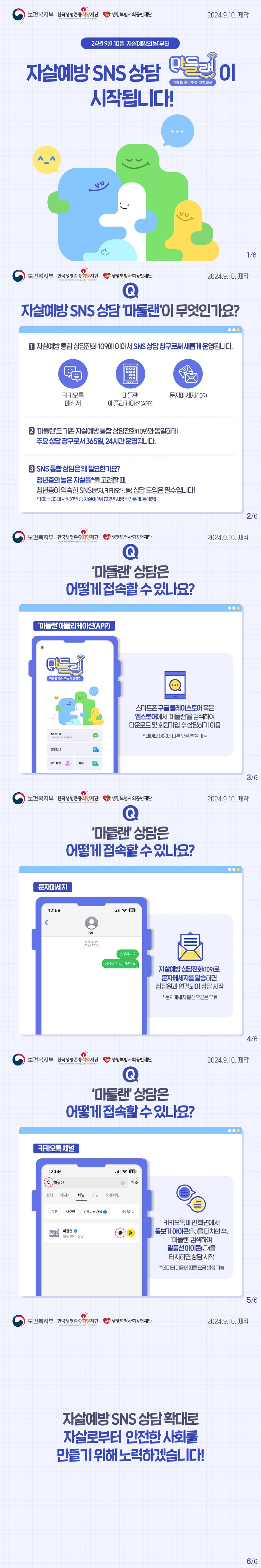 24년 9월 10일 '자살예방의 날'부터 자살예방 sns 상담 마들랜(마음을 들어주는 랜선친구)이 시작됩니다! (보건복지부) (한국생명존중희망재단) (생명보험사회공헌재단) 자살예방 sns 상담 '마들랜'이 무엇인가요? 1. 자살예방 통합 상담전화 109에 이어서 sns 상담 창구로써 새롭게 운영됩니다. 카카오톡 메신저 '마들랜' 애플리케이션(APP) 문자메시지(109) 2. '마들랜'도 기존 자살예방 통합 상담전화(109)와 동일하게 주요 상담 창구로서 365일, 24시간 운영됩니다. 3. SNS 통합 상담은 왜 필요한가요? 청년층의 높은 자살률*을 고려할 때, 청년층이 익숙한 SNS(문자, 카카오톡 등) 상담 도입은 필수입니다! *10대 ~ 30대 사망원인 중 자살이 1위('22년 사망원인통계, 통계청) '마들랜' 상담은 어떻게 접속할 수 있나요? 1. '마들랜' 애플리케이션(APP) 스마트폰 구글 플레이스토어 혹은 앱스토어에서 '마들랜'을 검색하여 다운로드 및 회원가입 후 상담하기 이용 *데이터 이용에 따른 요금 발생 가능 2. 자살예방 상담전화(109)로 문자메시지를 발송하면 상담원과 연결되어 상담 시작 *문자메세지 발신 요금은 무료 3. 카카오톡 메인 화면에서 돋보기 아이콘을 터치한 후, '마들랜' 검색하여 말풍선 아이콘을 터치하면 상담 시작 *데이터 이용에 따른 요금 발생 가능 자살예방 SNS 상담 확대로 자살로부터 안전한 사회를 만들기 위해 노력하겠습니다!